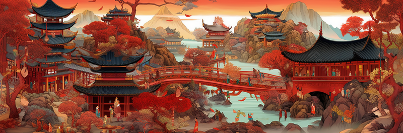 古风房屋木桥红色背景,插画/手绘图,插画/手绘图库,插画/手绘图下载,插画/手绘